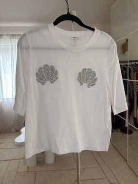 White Short-Sleeve Tee with Silver Glitter Shells